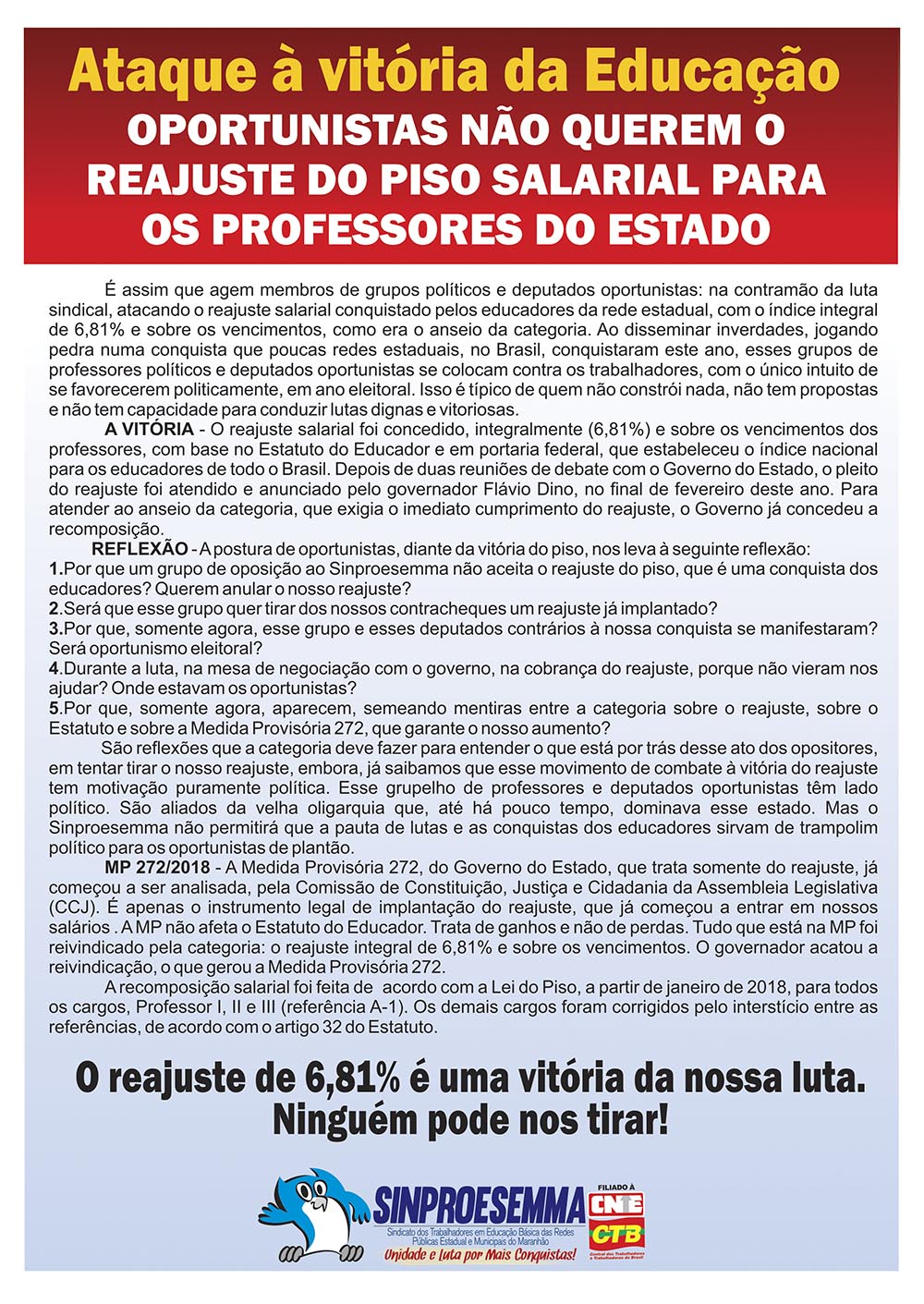 Sinproesemma defende a vitória do reajuste