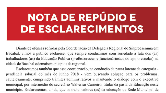 Sinproesemma emite nota de repúdio contra ofensas à Coordenação Regional de Bacabal