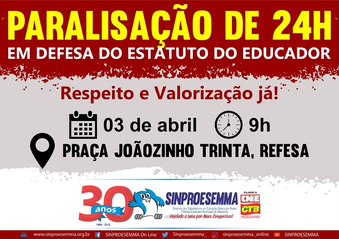 Paralisação de 24h em defesa do Estatuto do Educador