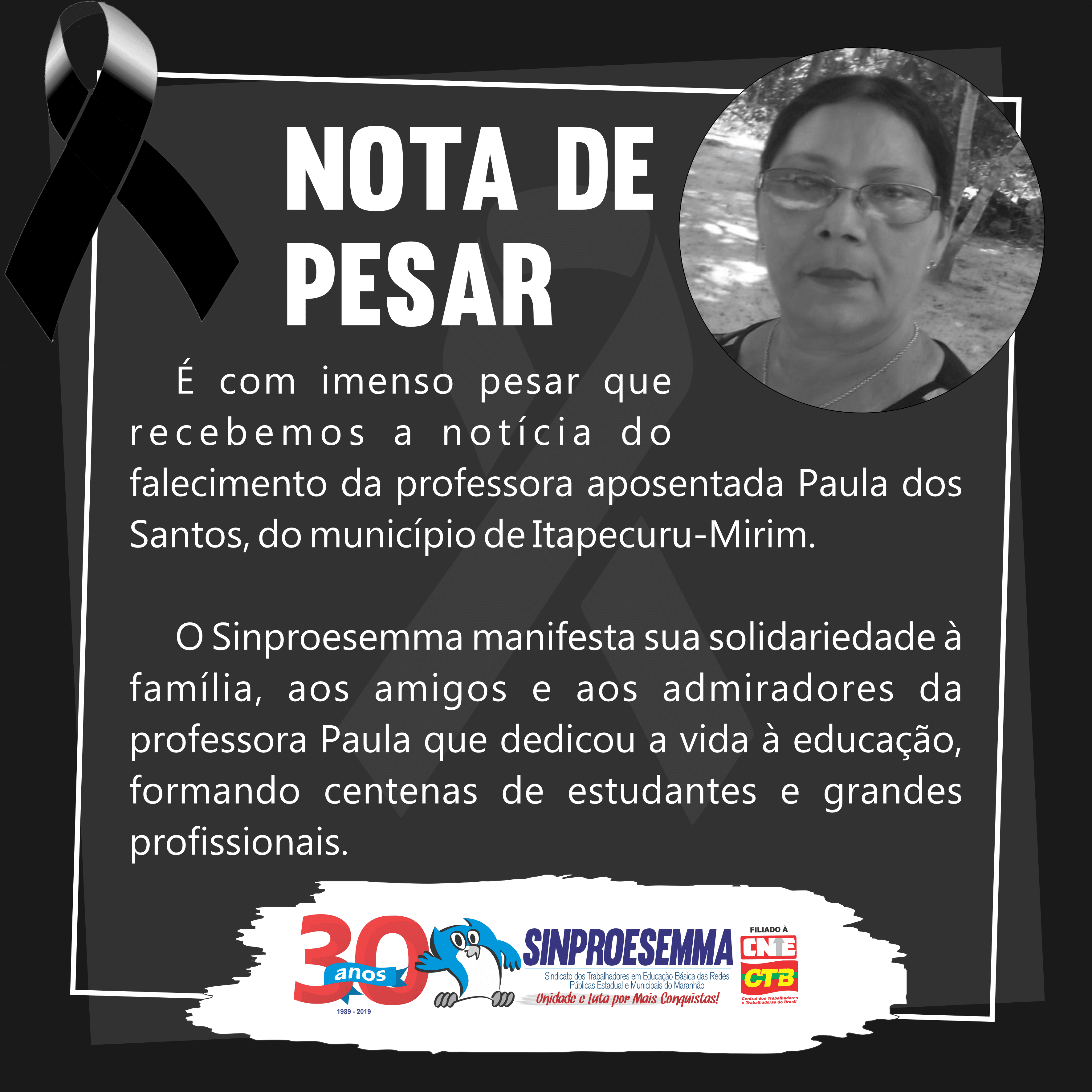 Nota de Pesar, Professora Paula dos Santos