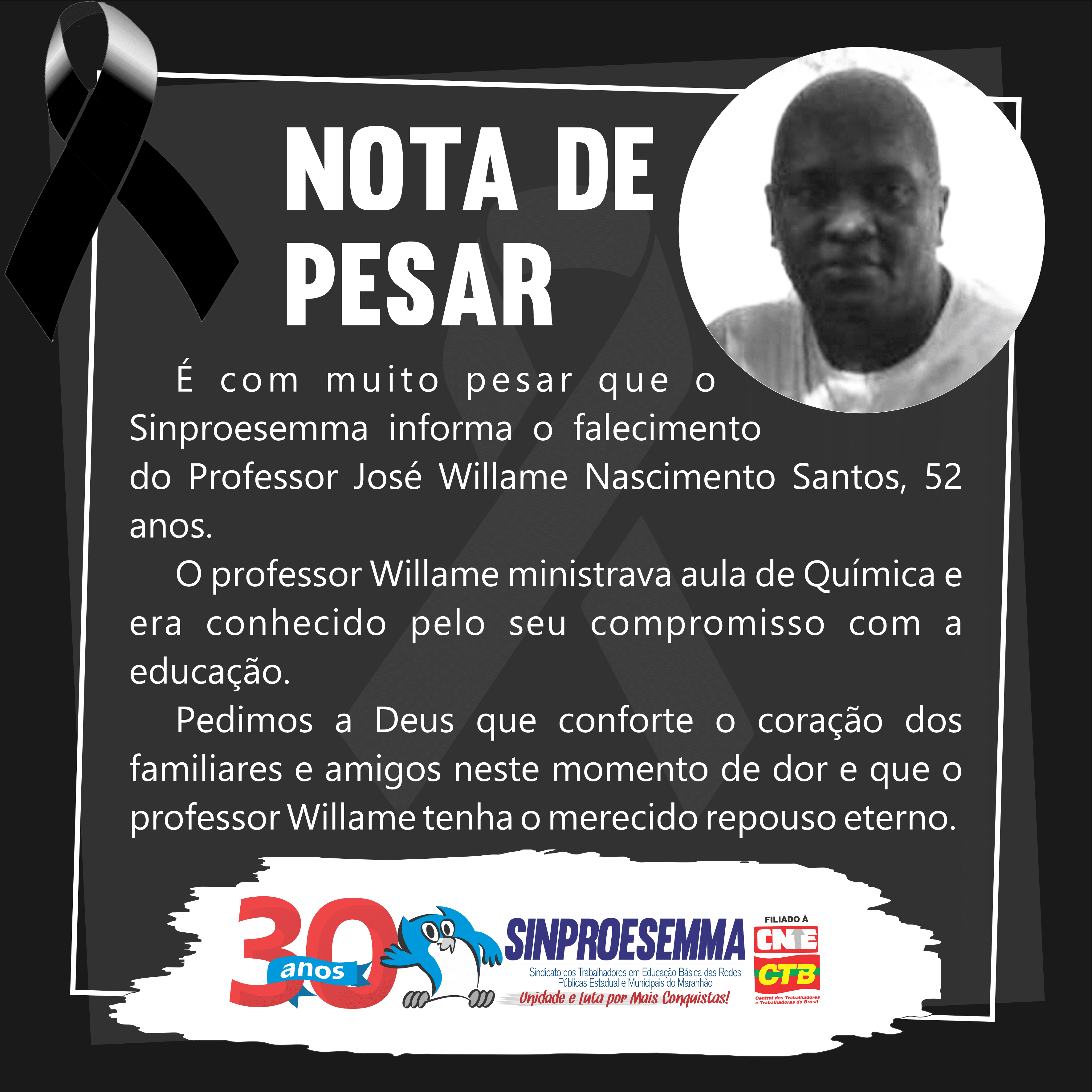 Nota de Pesar – Professor José Willame Nascimento Santos