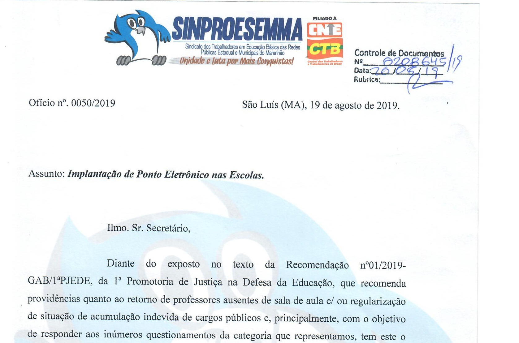 SINPROESEMMA solicita esclarecimento da SEDUC sobre ponto eletrônico