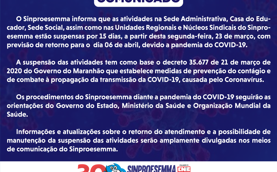 Sinproesemma suspende atendimento por 15 dias devido a pandemia do COVID-19