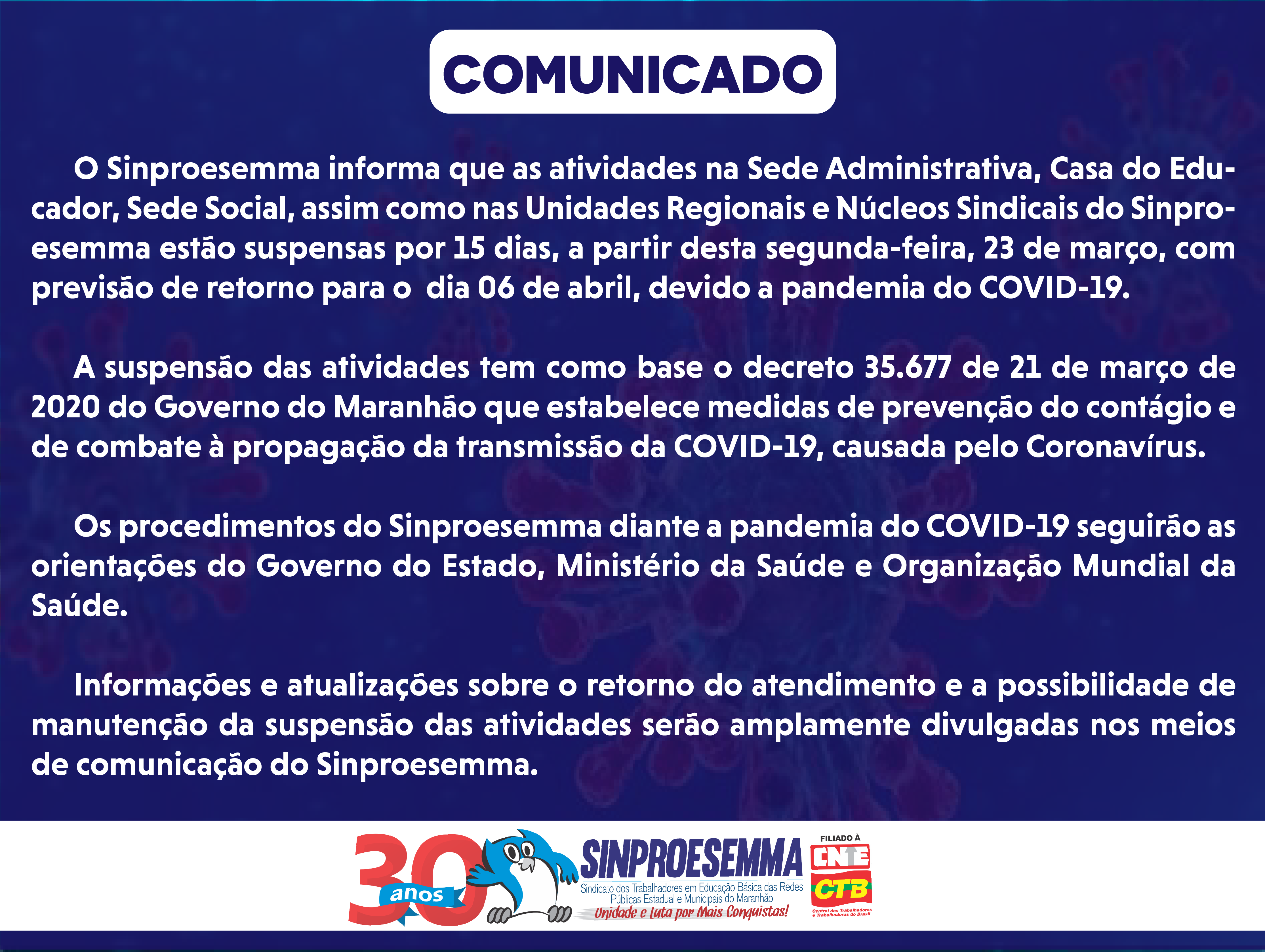 Sinproesemma suspende atendimento por 15 dias devido a pandemia do COVID-19