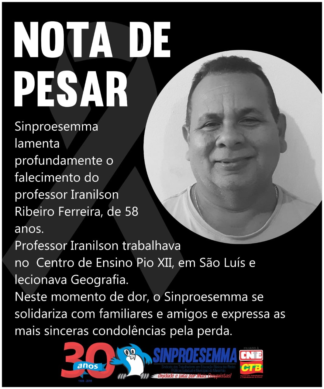 Nota de pesar – Iranilson Ribeiro Ferreira