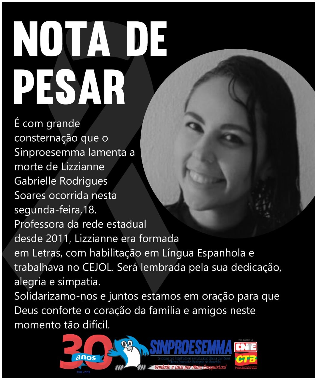 Nota de pesar – Lizzianne Gabrielle Rodrigues Soares
