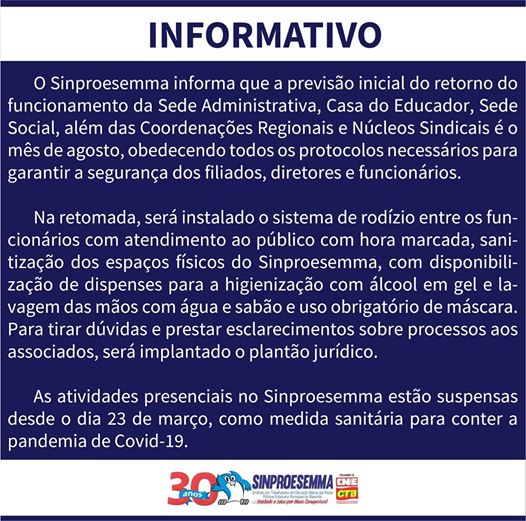 Informativo sobre a volta do funcionamento presencial do Sinproesemma
