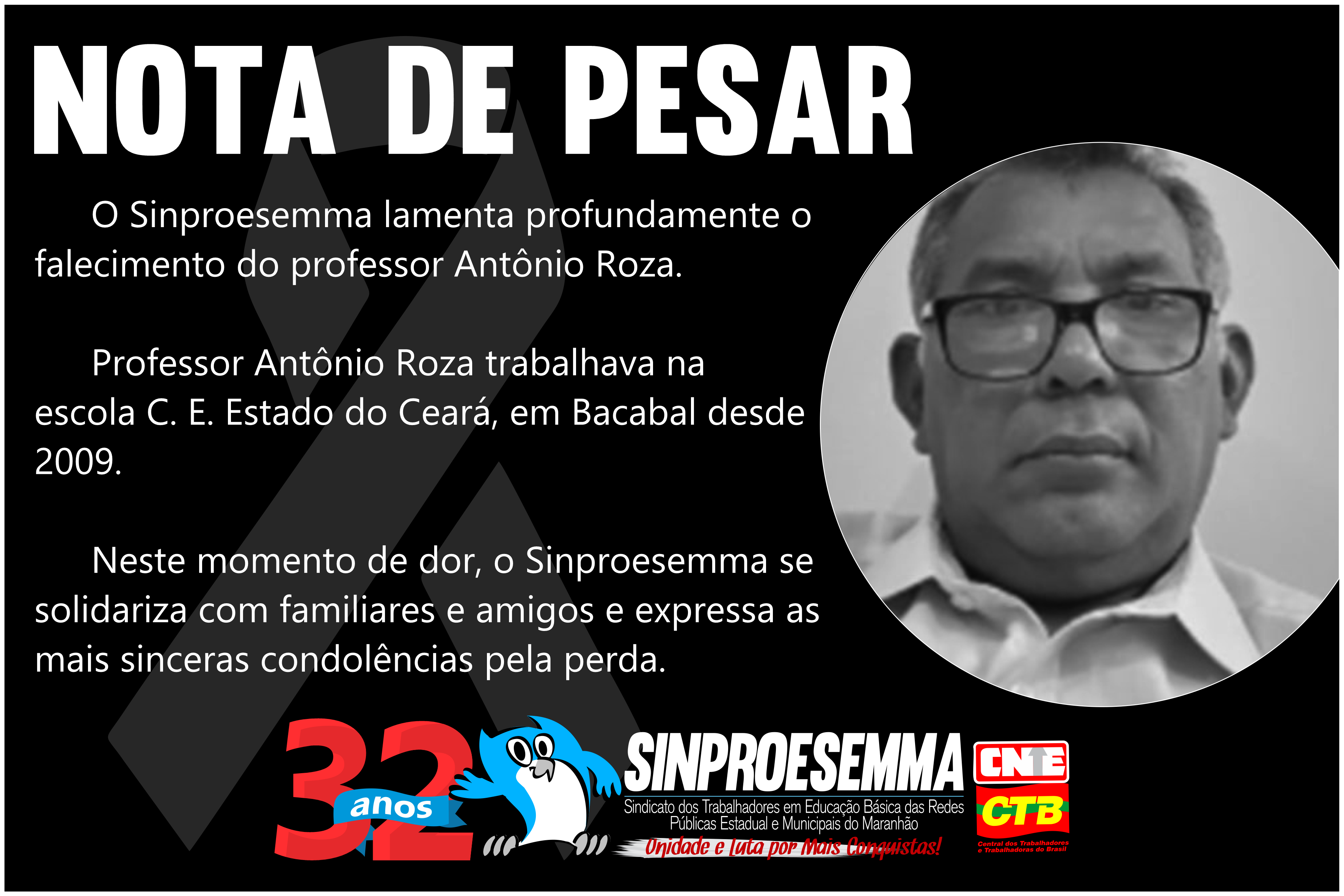 NOTA DE PESAR – PROFESSOR ANTÔNIO ROZA