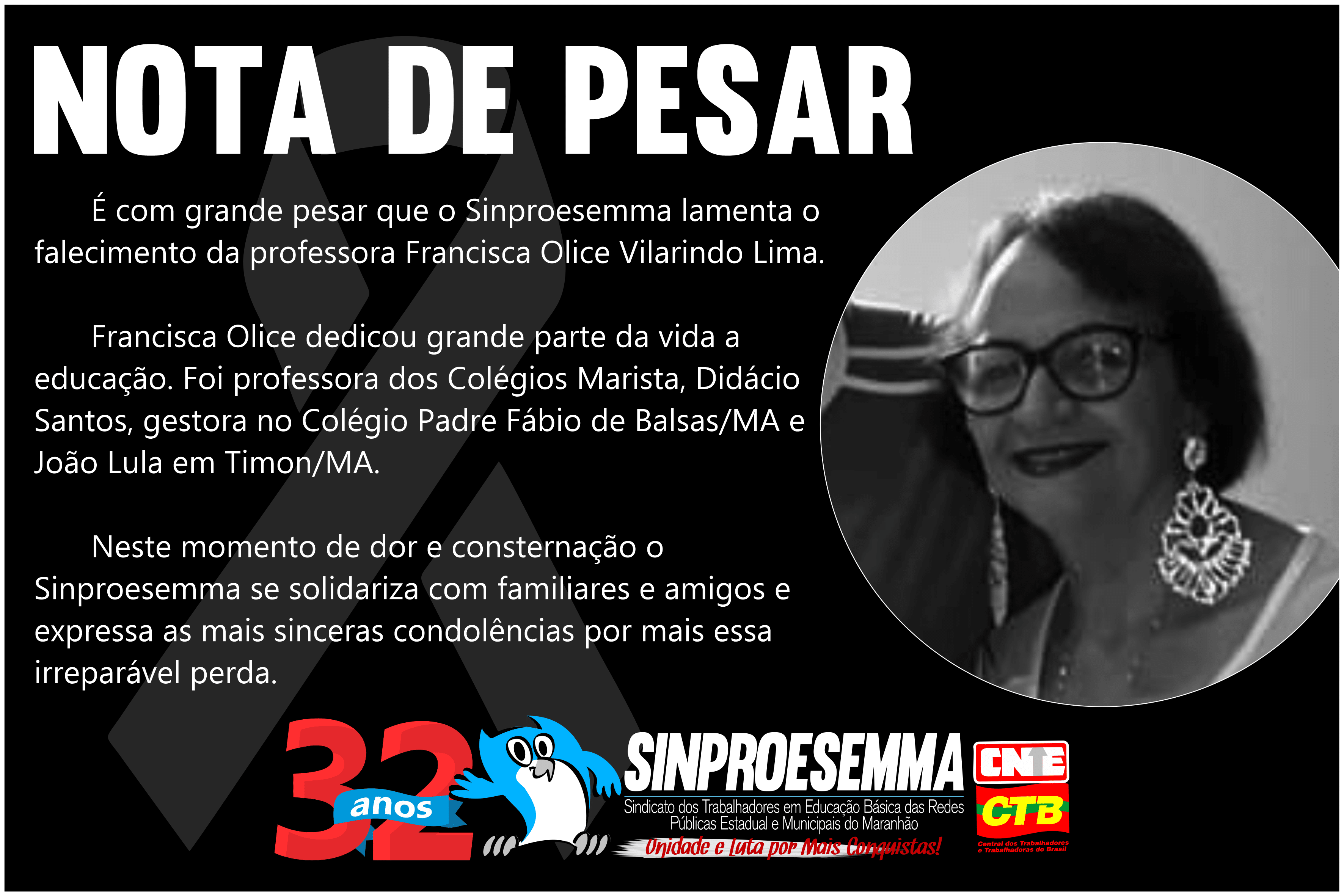 NOTA DE PESAR – PROFESSORA FRANCISCA OLICE VILARINDO LIMA