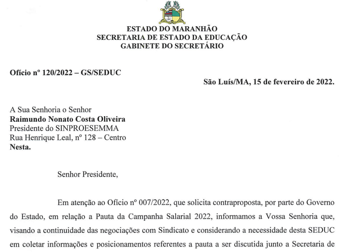 Sinproesemma recebe pedido de prorrogação de prazo para apresentação de contraproposta do Governo