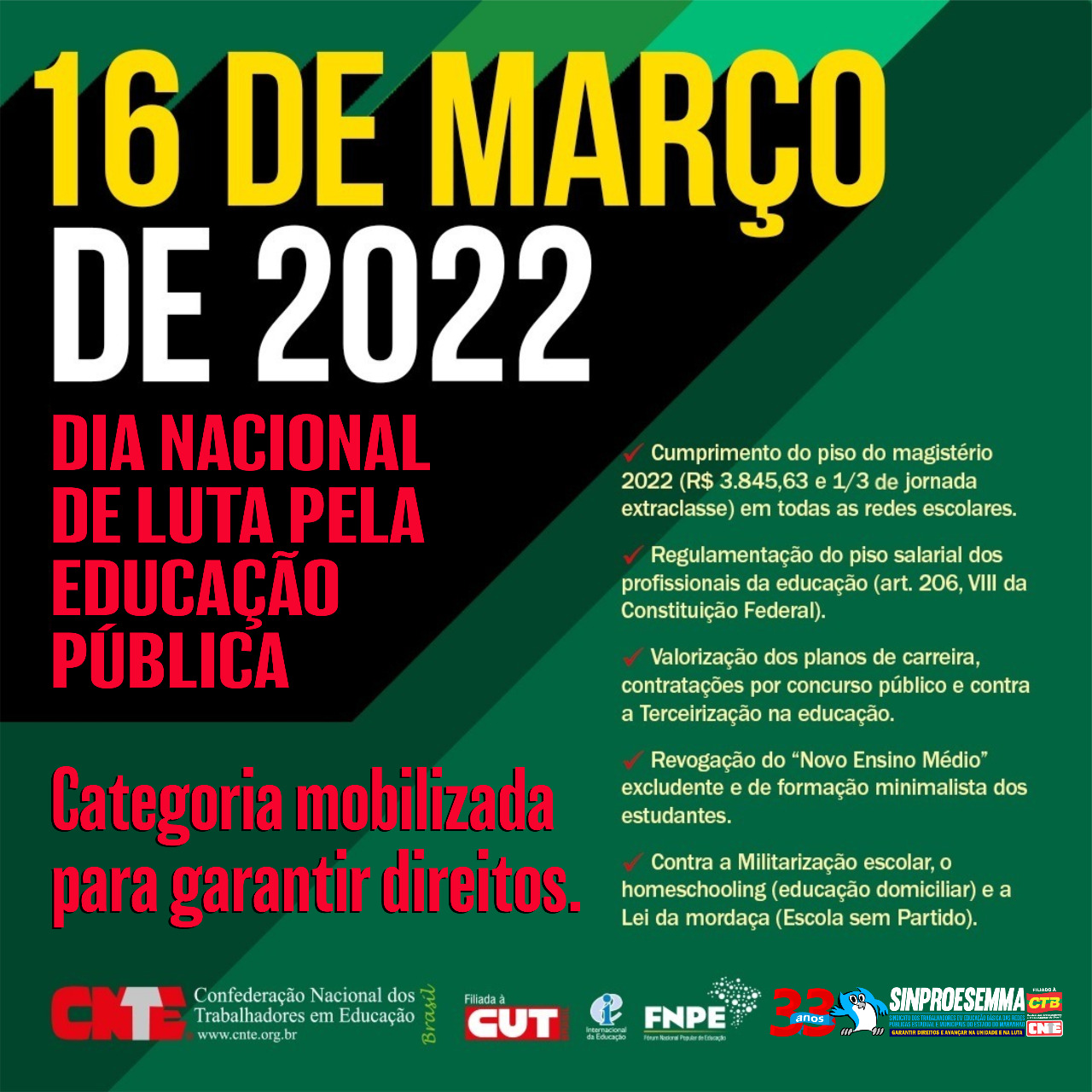 16 de Março, Dia Nacional de Luta Pela Educação!
