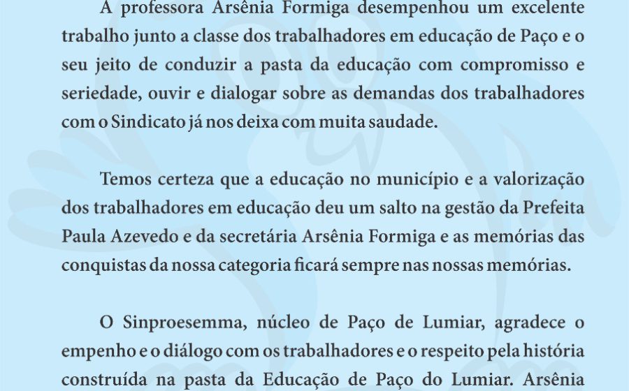 SINPROESEMMA DE PAÇO DO LUMIAR LAMENTA EXONERAÇÃO DE SECRETÁRIA 