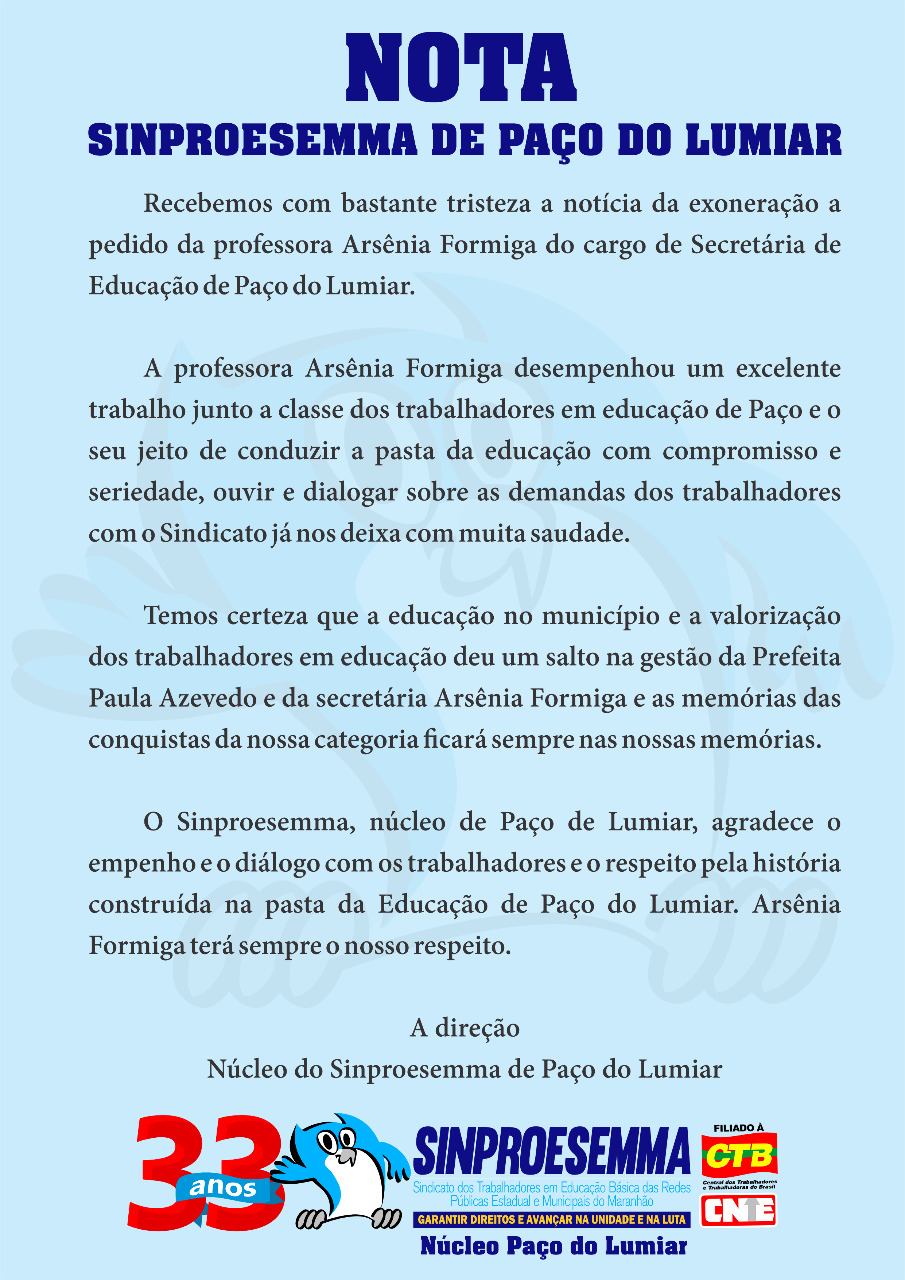 SINPROESEMMA DE PAÇO DO LUMIAR LAMENTA EXONERAÇÃO DE SECRETÁRIA