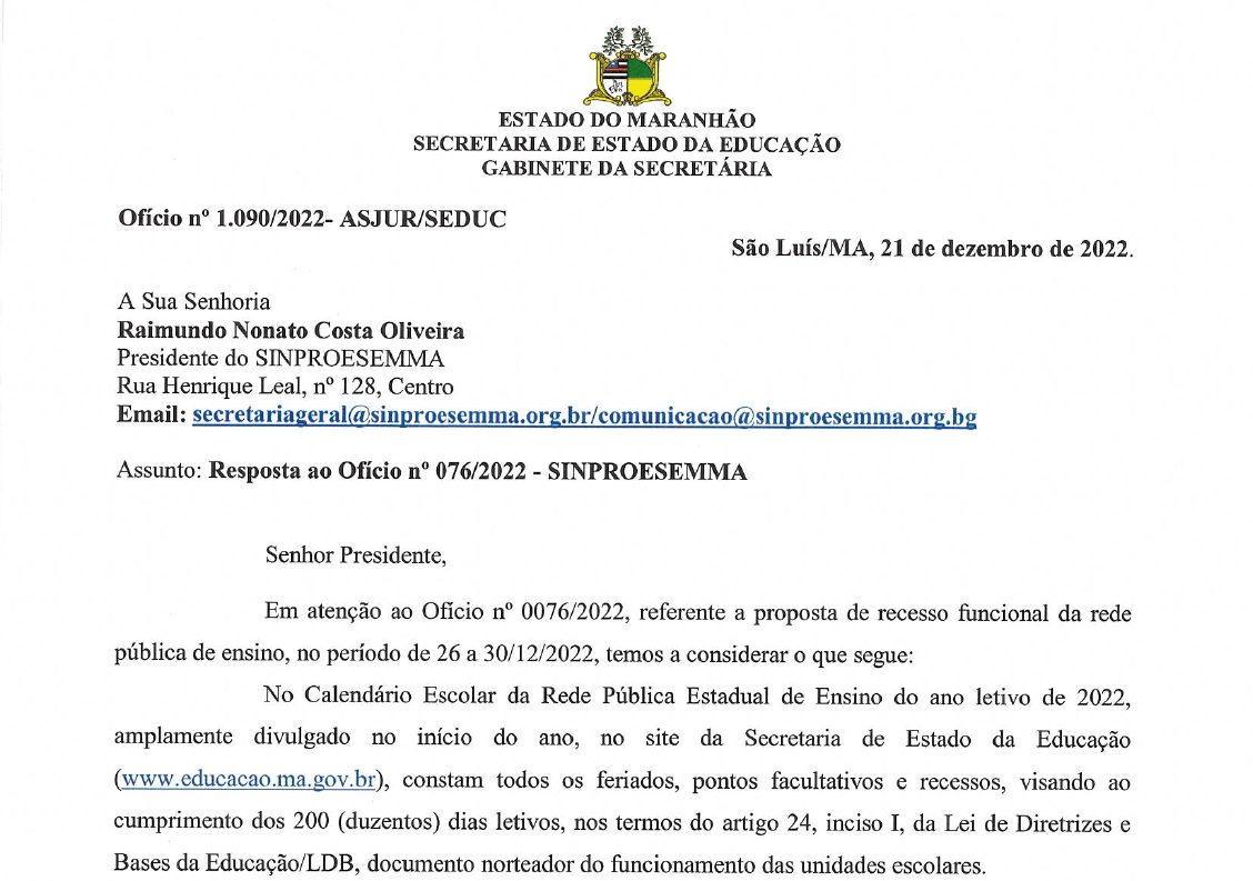 Sinproesemma recebe resposta da SEDUC quanto a recesso de fim de ano