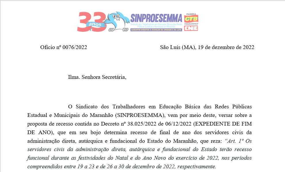 Sinproesemma sugere a Seduc data de recesso da rede pública estadual de educação