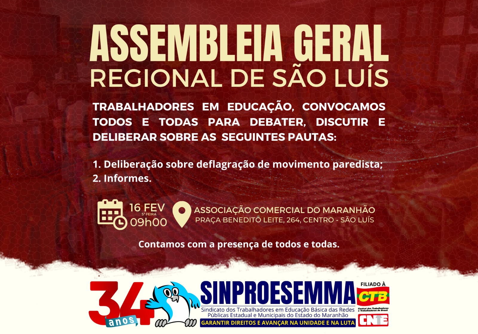 Sinproesemma convoca trabalhadores em educação para Assembleia Geral de São Luís