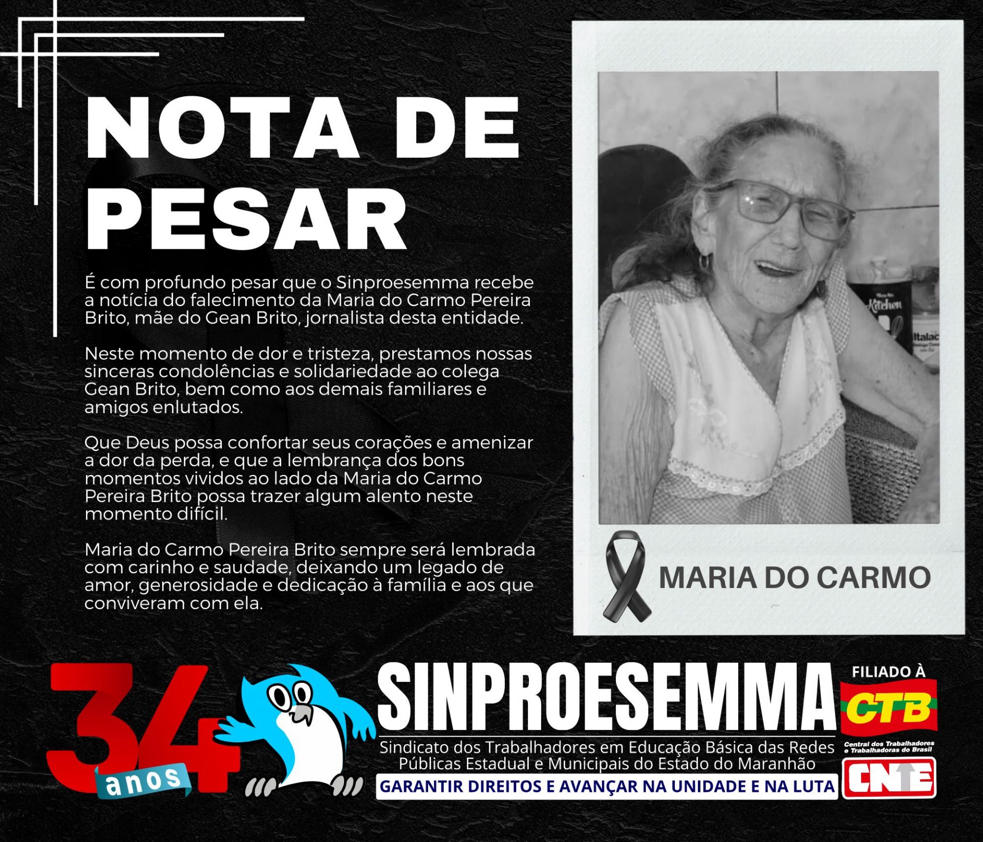 Sinproesemma lamenta falecimento da mãe do jornalista Gean Brito