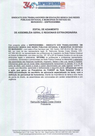 Edital de Adiamento de Assembleia Geral e Regionais Extraordinária