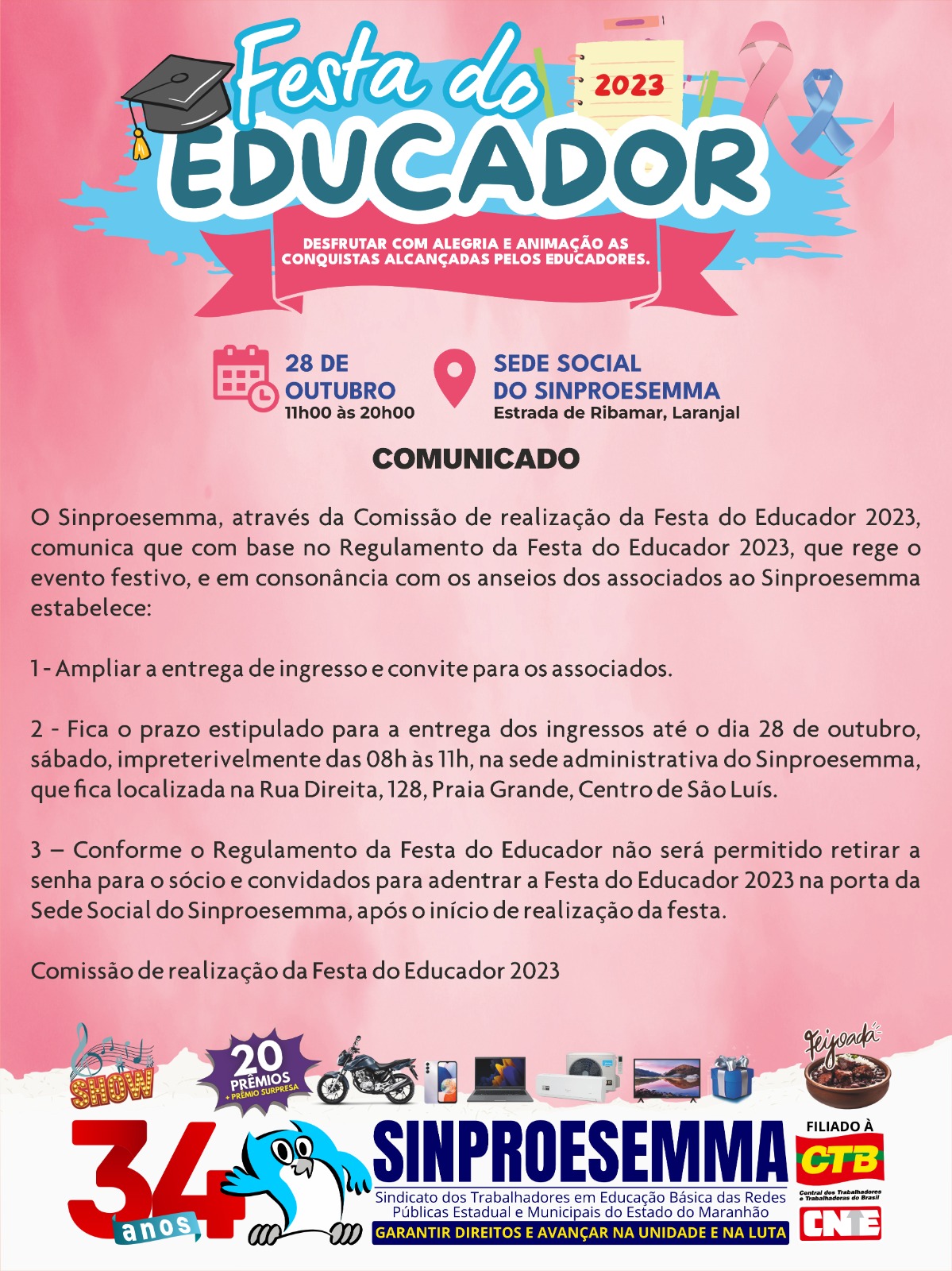 Sinproesemma prorroga entrega de ingresso para a Festa do Educador 2023