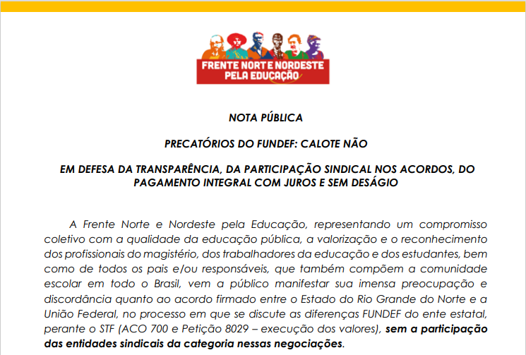 Sinproesemma e Frente Norte Nordeste pela Educação chamam atenção para tentativa de calote nos Precatórios do Fundef