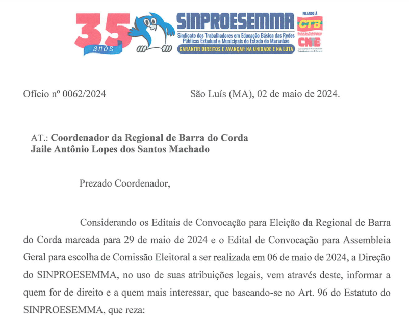 Sinproesemma anula processo eleitoral da Regional de Barra do Corda