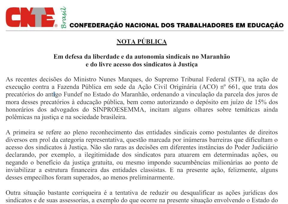 CNTE defende o Sinproesemma na luta pelos Precatórios do Fundef e emite nota “Em defesa da liberdade e da autonomia sindicais no Maranhão e do livre acesso dos sindicatos à Justiça”